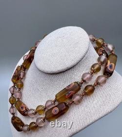 Vintage Murano Glass Venetian Lampwork amber colored Tube Beads Necklace 24 lon