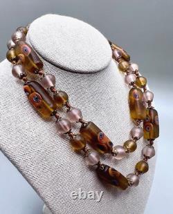 Vintage Murano Glass Venetian Lampwork amber colored Tube Beads Necklace 24 lon