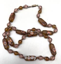 Vintage Murano Glass Venetian Lampwork amber colored Tube Beads Necklace 24 lon