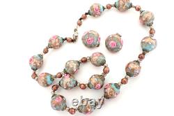 Vintage Murano Glass Wedding Cake Bead Necklace & Earrings Set Blue Pink Gold