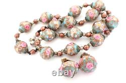 Vintage Murano Glass Wedding Cake Bead Necklace & Earrings Set Blue Pink Gold
