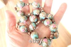 Vintage Murano Glass Wedding Cake Bead Necklace & Earrings Set Blue Pink Gold