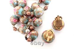 Vintage Murano Glass Wedding Cake Bead Necklace & Earrings Set Blue Pink Gold