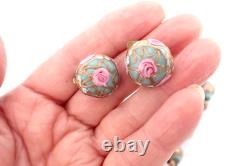Vintage Murano Glass Wedding Cake Bead Necklace & Earrings Set Blue Pink Gold