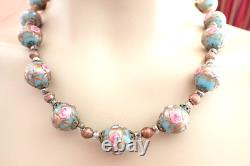 Vintage Murano Glass Wedding Cake Bead Necklace & Earrings Set Blue Pink Gold