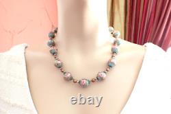 Vintage Murano Glass Wedding Cake Bead Necklace & Earrings Set Blue Pink Gold