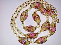 Vintage Murano Glass Wedding Cake Necklace Pink & Cream Roses Hand-painted Bead