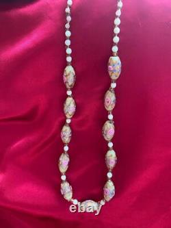 Vintage Murano Glass Wedding Cake Necklace Pink & Cream Roses Hand-painted Bead