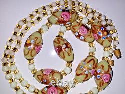 Vintage Murano Glass Wedding Cake Necklace Pink & Cream Roses Hand-painted Bead