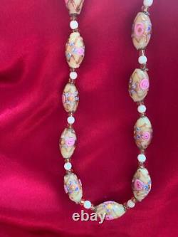 Vintage Murano Glass Wedding Cake Necklace Pink & Cream Roses Hand-painted Bead