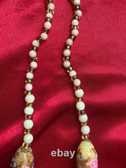 Vintage Murano Glass Wedding Cake Necklace Pink & Cream Roses Hand-painted Bead