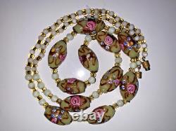 Vintage Murano Glass Wedding Cake Necklace Pink & Cream Roses Hand-painted Bead