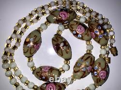 Vintage Murano Glass Wedding Cake Necklace Pink & Cream Roses Hand-painted Bead