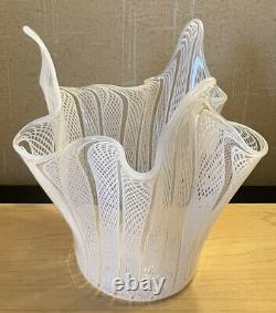 Vintage Murano Glass White Latticino Handkerchief Vase 5 H Mid Century Modern