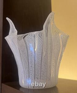 Vintage Murano Glass White Latticino Handkerchief Vase 5 H Mid Century Modern