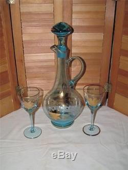 Vintage Murano Glass Wine Decanter WithTwo Blue Wine Glasses With Gold Overlay