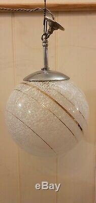 Vintage Murano Globe Light, White Mottled Hand blown Glass Italy MCM, Rewired