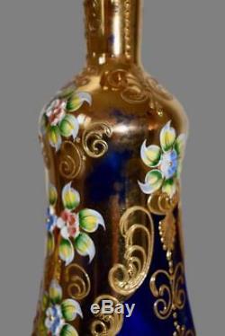 Vintage Murano Gold Cobalt Venetian Glass Enameled Liquor Set 10 Glasses
