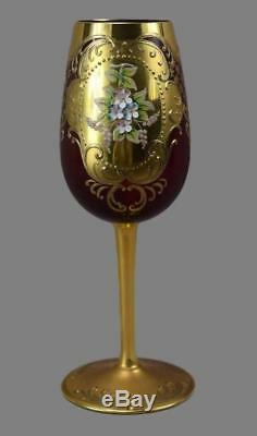 Vintage Murano Gold & Ruby Venetian Glass Vine Wine Goblet Enameled Flowers