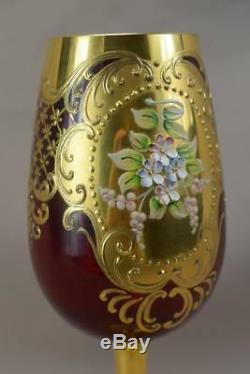 Vintage Murano Gold & Ruby Venetian Glass Vine Wine Goblet Enameled Flowers