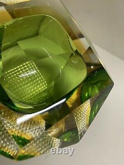Vintage Murano Green & Amber Square Cube Faceted Bowl/dish/ashtray