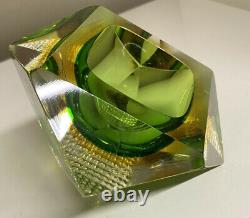 Vintage Murano Green & Amber Square Cube Faceted Bowl/dish/ashtray