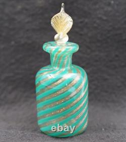 Vintage Murano Green & Gold Art Glass Bottle with Gold Flecked Stopper Italy