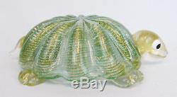 Vintage Murano Green & Gold Flake Ribbed Glass 7 1/2 Turtle Figurine