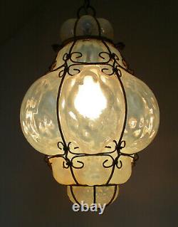 Vintage Murano Hand Blown Caged Opalescent Glass Lantern Hanging Ceiling Light