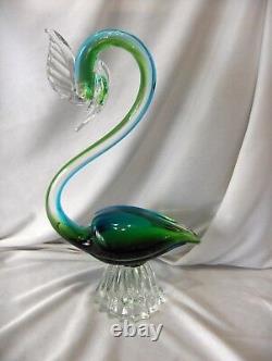 Vintage Murano Hand Blown Crystal Art Glass Green Blue Swan Bird Gorgeous