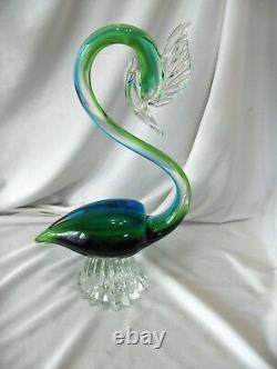 Vintage Murano Hand Blown Crystal Art Glass Green Blue Swan Bird Gorgeous