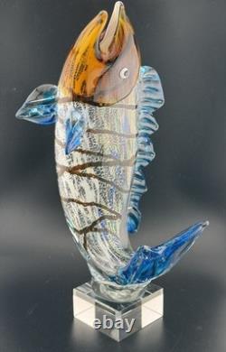 Vintage Murano Hand Blown Glass Leaping Fish Sculpture Rare 15.5 GLOWS