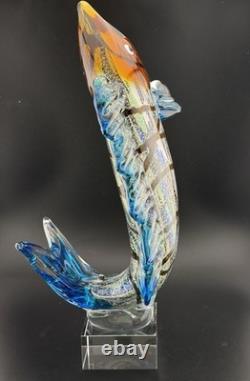 Vintage Murano Hand Blown Glass Leaping Fish Sculpture Rare 15.5 GLOWS