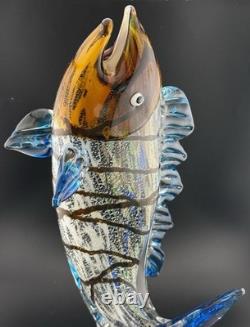 Vintage Murano Hand Blown Glass Leaping Fish Sculpture Rare 15.5 GLOWS