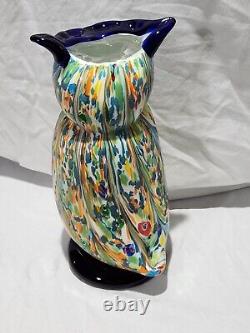 Vintage Murano Hand Blown Glass Owl Vase Millefiori Eyes MCM 10.5 in Tall