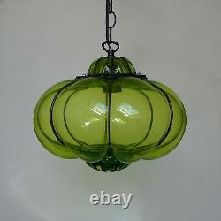 Vintage Murano Hand Blown Green Caged Glass Lantern Hanging Ceiling Light