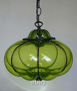 Vintage Murano Hand Blown Green Caged Glass Lantern Hanging Ceiling Light