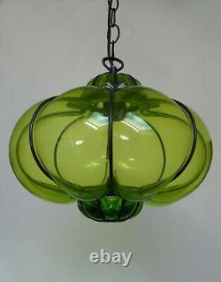 Vintage Murano Hand Blown Green Caged Glass Lantern Hanging Ceiling Light