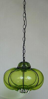 Vintage Murano Hand Blown Green Caged Glass Lantern Hanging Ceiling Light