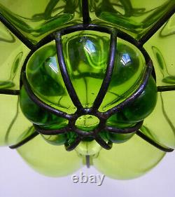 Vintage Murano Hand Blown Green Caged Glass Lantern Hanging Ceiling Light