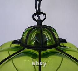 Vintage Murano Hand Blown Green Caged Glass Lantern Hanging Ceiling Light