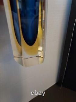 Vintage Murano Hexagonal Blue Yellow Sommerso Faceted Glass Vase MCM