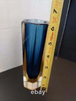 Vintage Murano Hexagonal Blue Yellow Sommerso Faceted Glass Vase MCM