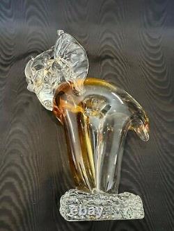 Vintage Murano Italian Art Glass Elephant Figurine, Clear & Amber, 13 1/2 Tall