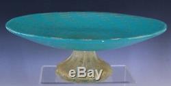Vintage Murano Italian Art Glass Gold Fleck Turquoise Footed Serving Platter