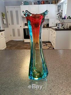 Vintage Murano Italian Art Glass Sommerso Blue, Amber, Red 3 Lobed 12 Vase