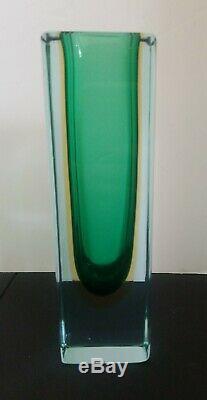 Vintage Murano Italian Art Glass Sommerso Cased Glass Vase Green Yellow Poli