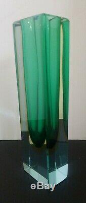 Vintage Murano Italian Art Glass Sommerso Cased Glass Vase Green Yellow Poli