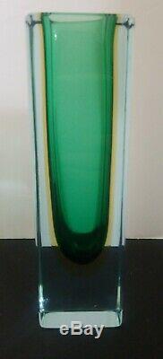 Vintage Murano Italian Art Glass Sommerso Cased Glass Vase Green Yellow Poli