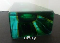 Vintage Murano Italian Art Glass Sommerso Cased Glass Vase Green Yellow Poli